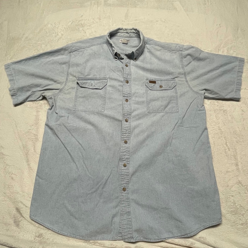 Carhartt Short Sleeve Button Up Mens 2XL Tall Blue Denim Chambray Work Shirt